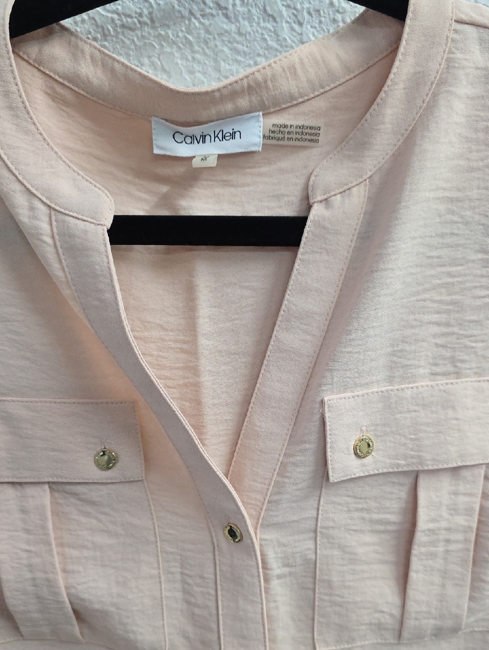 Calvin Klein Pink Button Down Gold Buttons Convertible Sleeves Size Medium - Picture 4 of 10